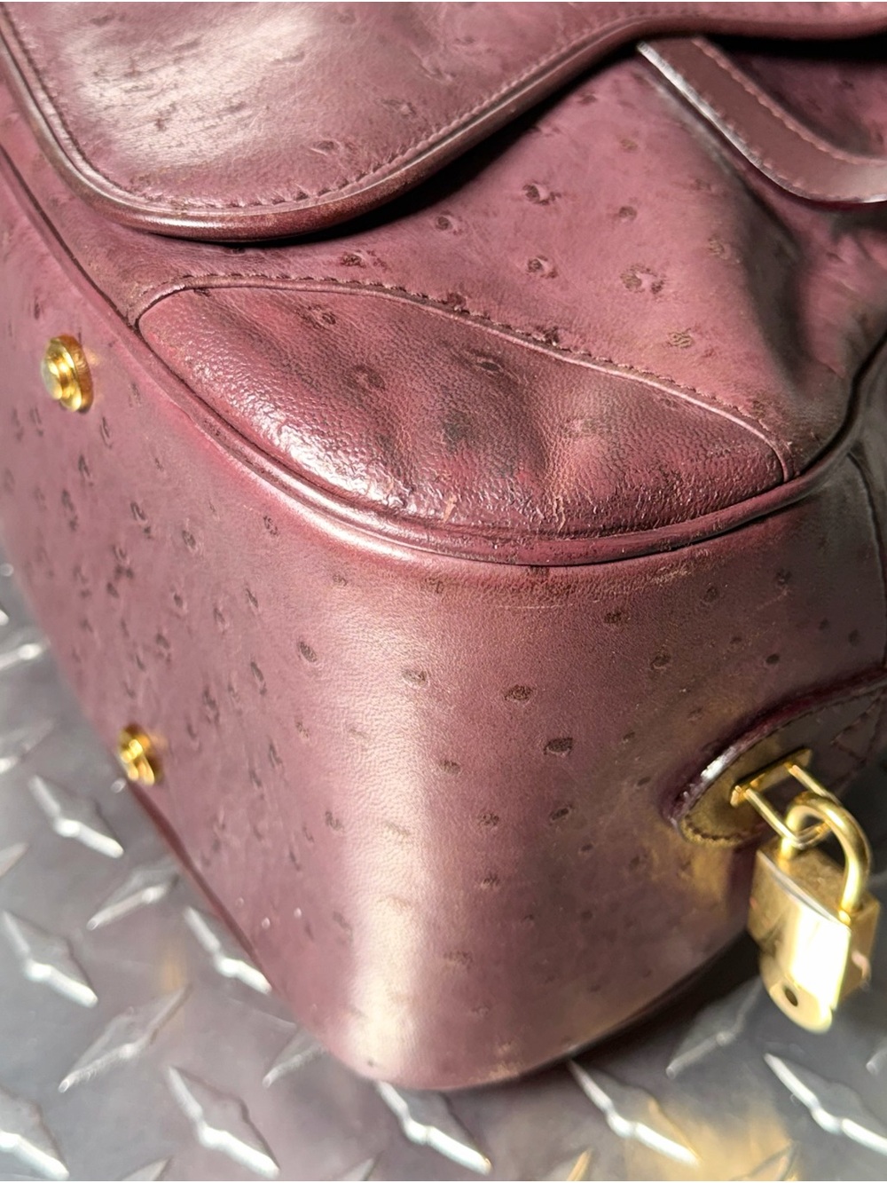 Christian Dior Vintage Ostrich Double Saddle Bowler Bag in Purple - Picture 6 of 14